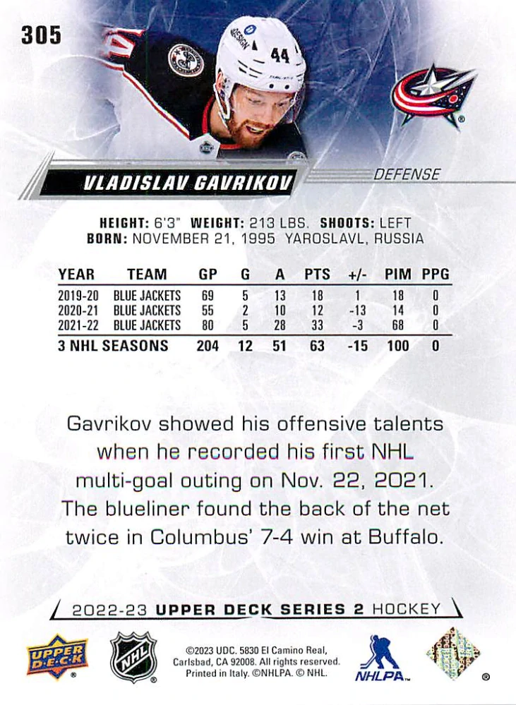 2022-23 UD Series 2 - Vladislav Gavrikov #305