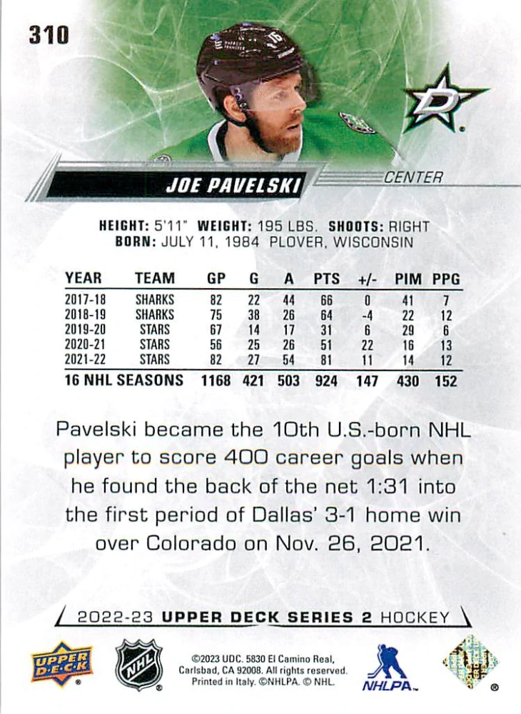 2022-23 UD Series 2 - Joe Pavelski #310