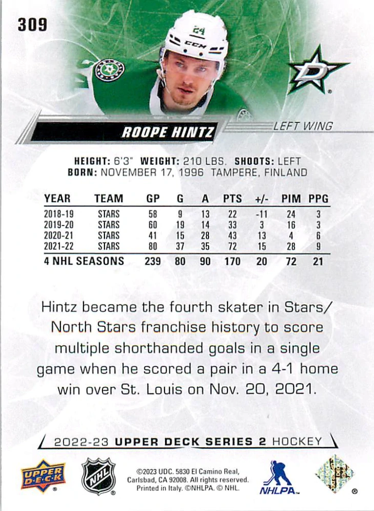 2022-23 UD Series 2 - Roope Hintz #309