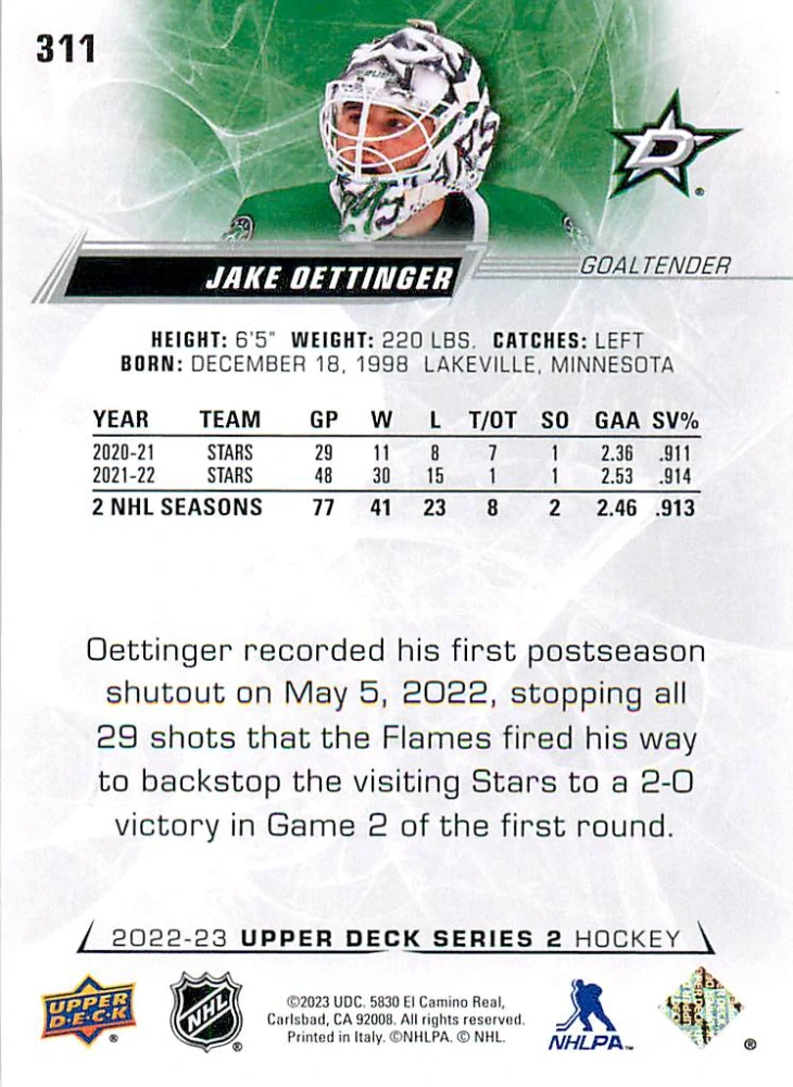 2022-23 UD Series 2 - Jake Oettinger #311