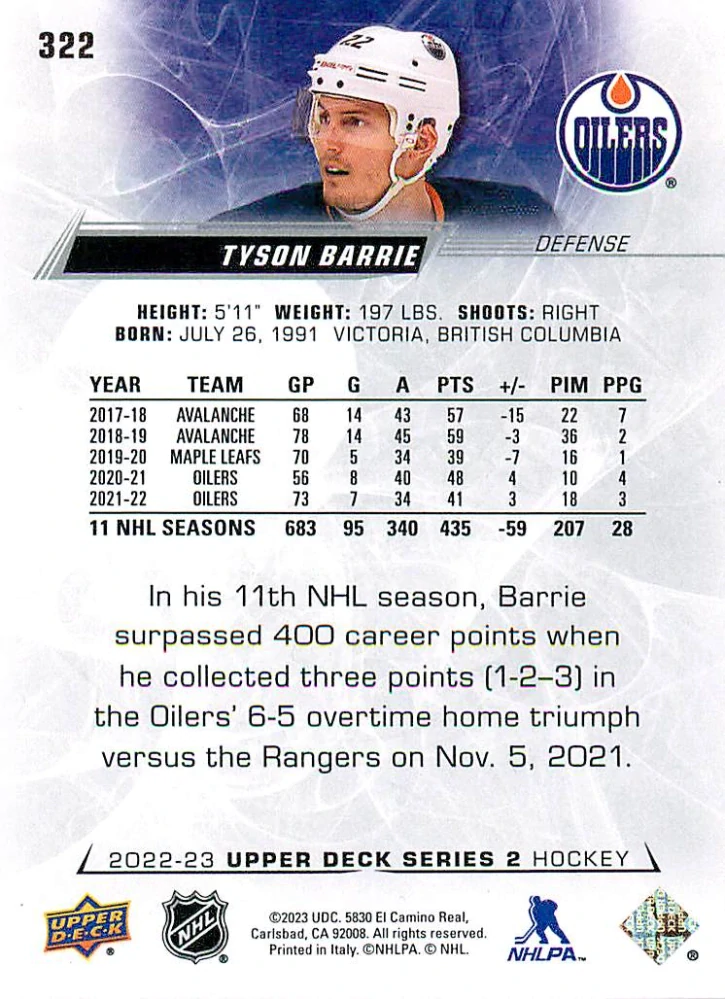2022-23 UD Series 2 - Tyson Barrie #322