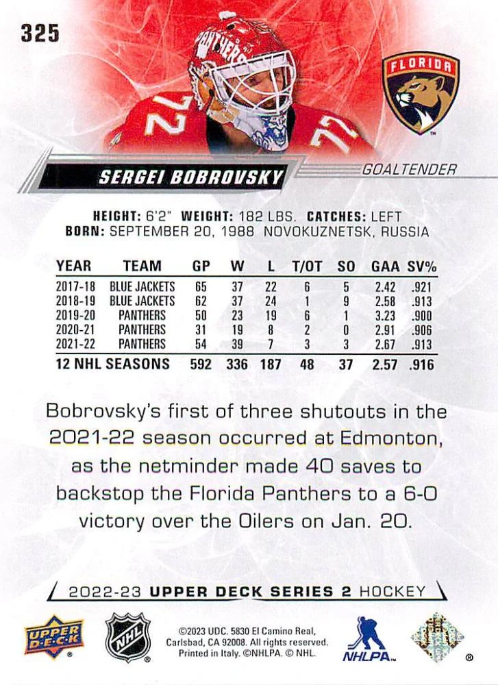 2022-23 UD Series 2 - Sergei Bobrovsky #325