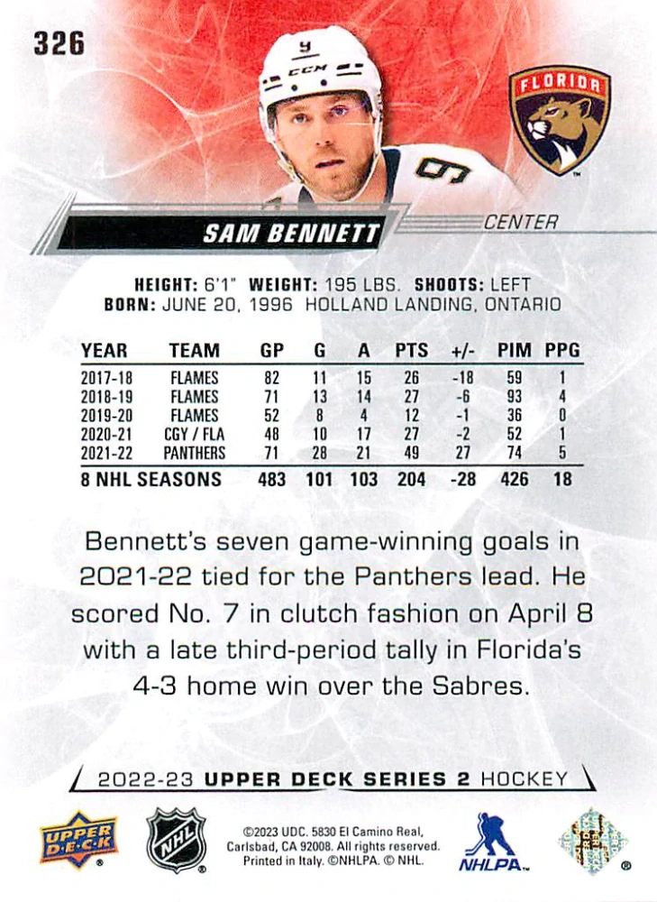 2022-23 UD Series 2 - Sam Bennett #326