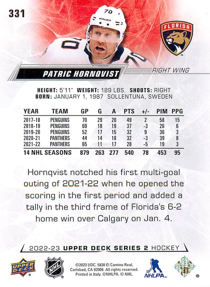 2022-23 UD Series 2 - Patric Hornqvist #331