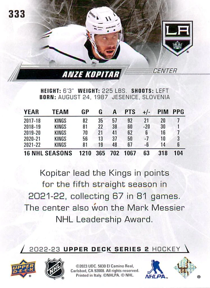 2022-23 UD Series 2 - Anze Kopitar #333
