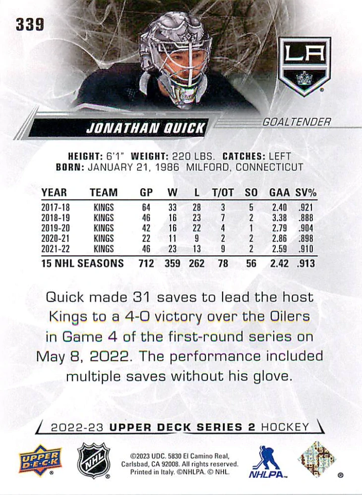 2022-23 UD Series 2 - Jonathan Quick #339