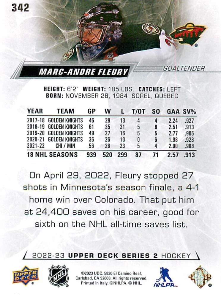 2022-23 UD Series 2 - Marc-Andre Fleury #342