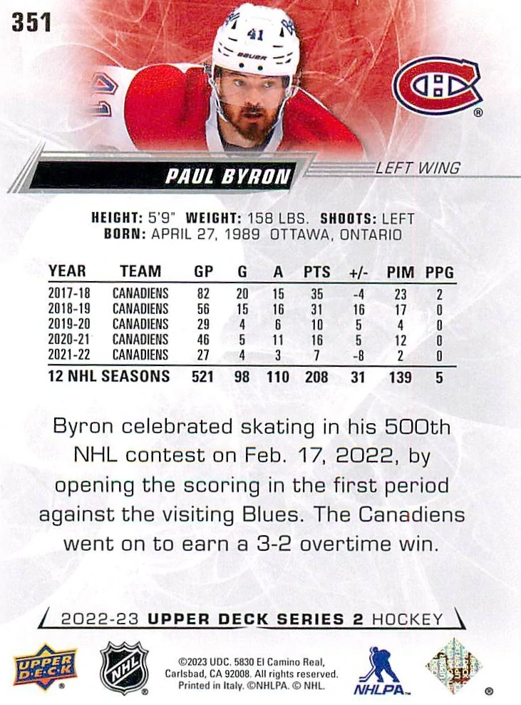 2022-23 UD Series 2 - Paul Byron #351