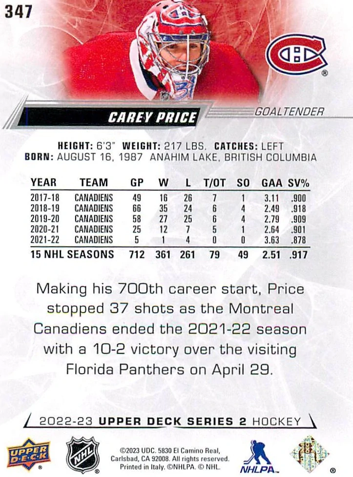 2022-23 UD Series 2 - Carey Price #347