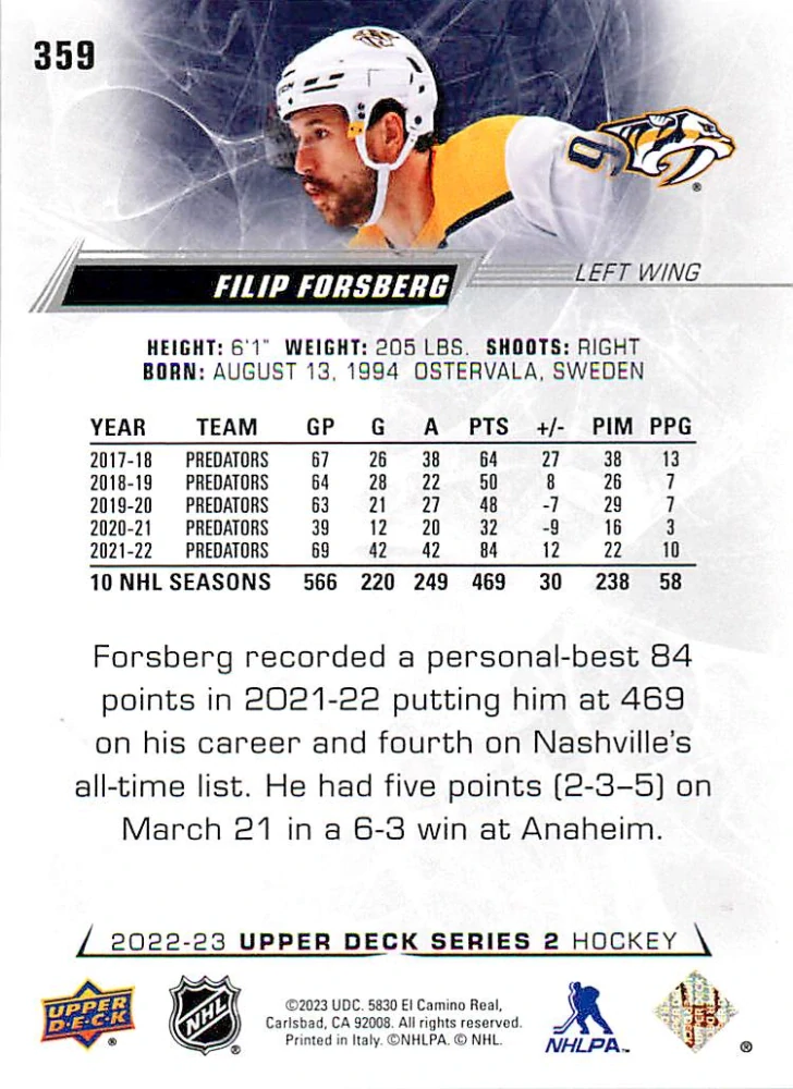 2022-23 UD Series 2 - Filip Forsberg #359