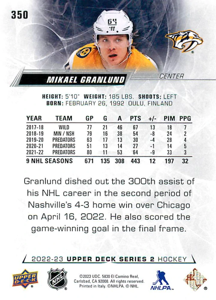 2022-23 UD Series 2 - Mikael Granlund #350