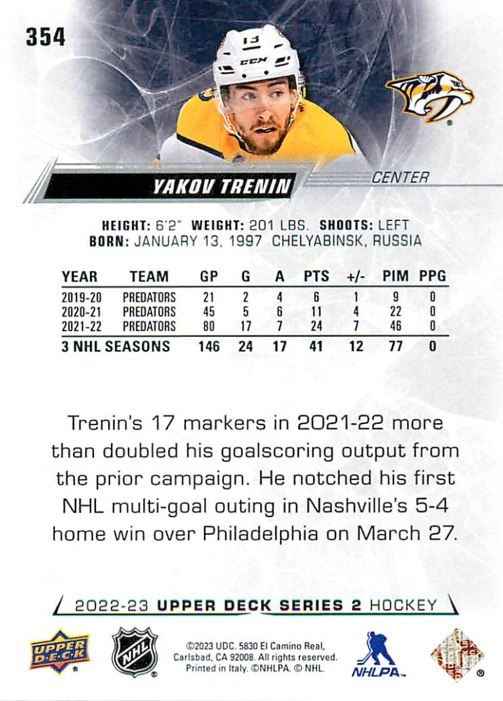 2022-23 UD Series 2 - Yakov Trenin #354