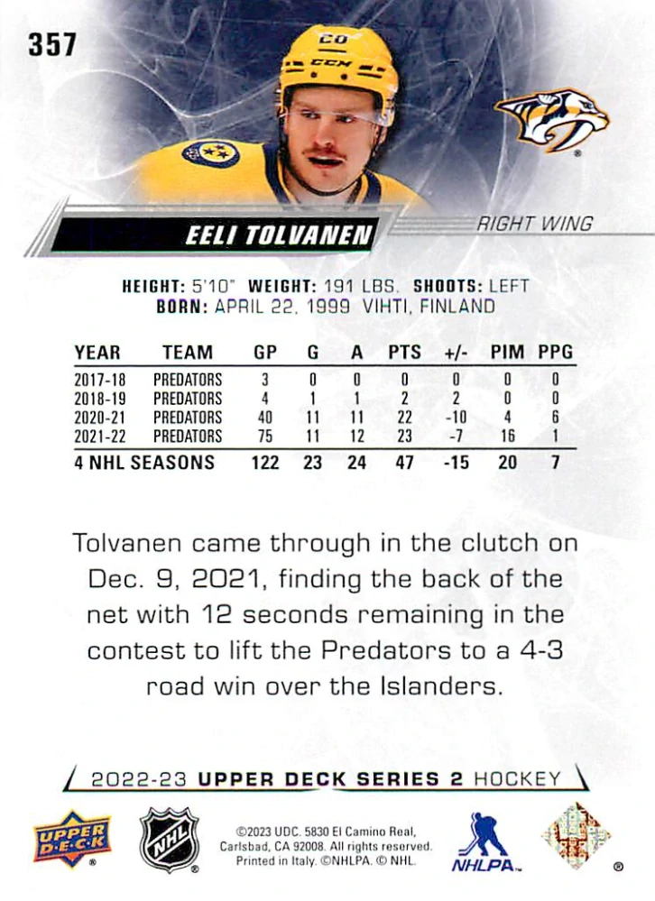 2022-23 UD Series 2 - Eeli Tolvanen #357