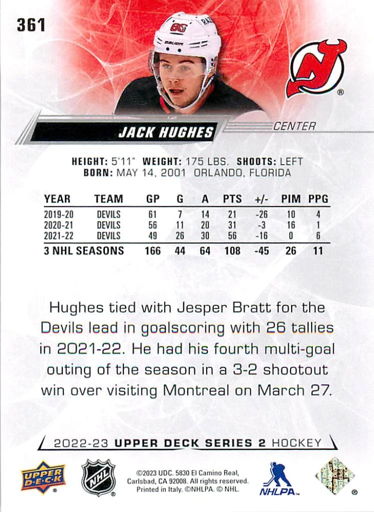 2022-23 UD Series 2 - Jack Hughes #361