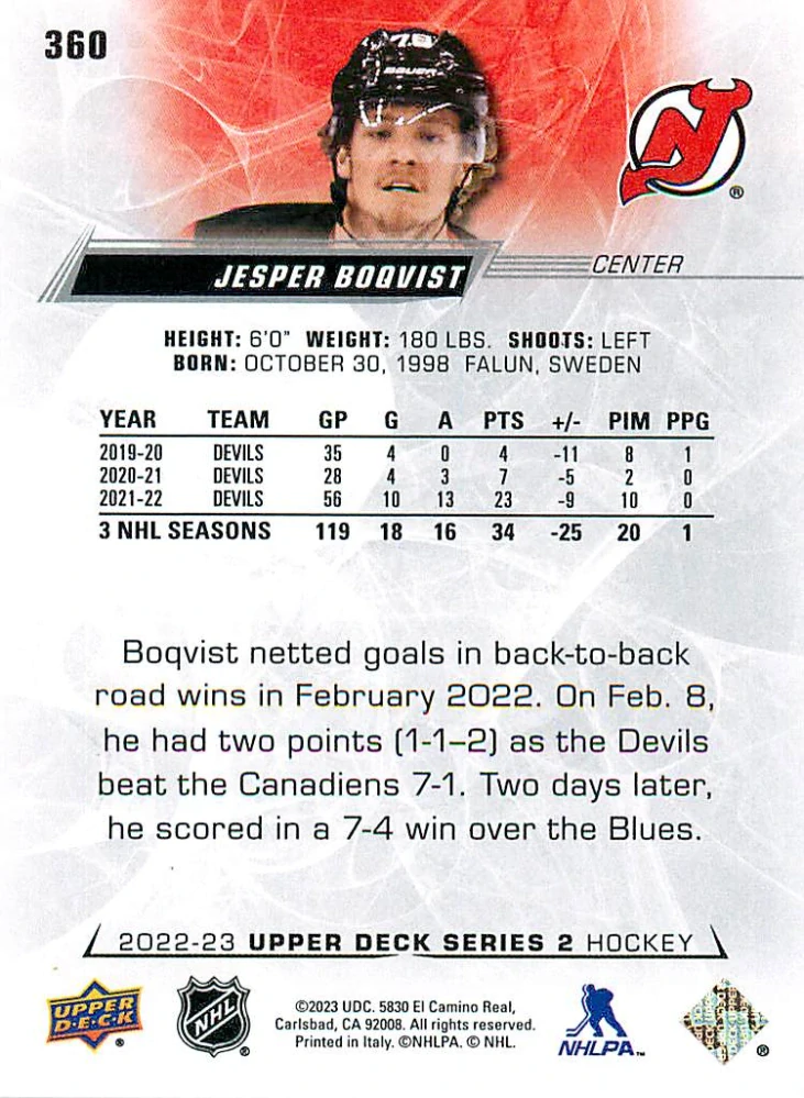 2022-23 UD Series 2 - Jesper Boqvist #360