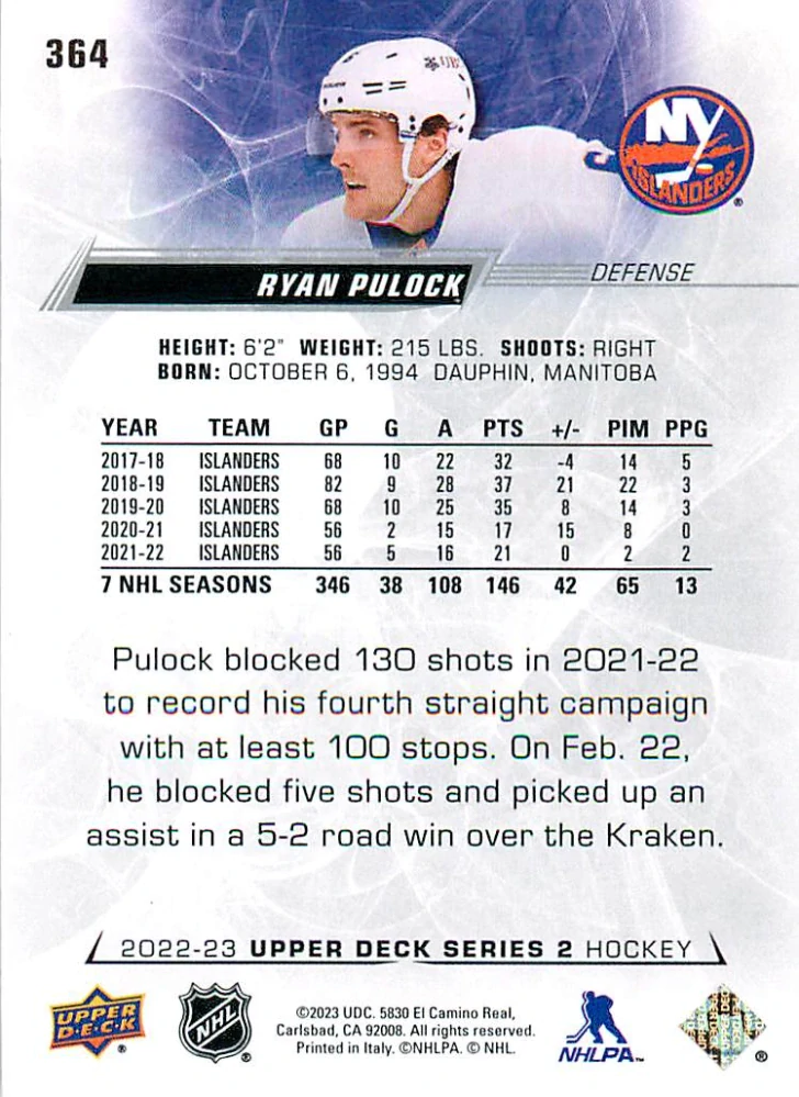 2022-23 UD Series 2 - Ryan Pulock #364