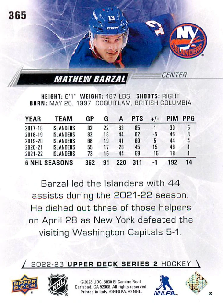 2022-23 UD Series 2 - Mathew Barzal #365
