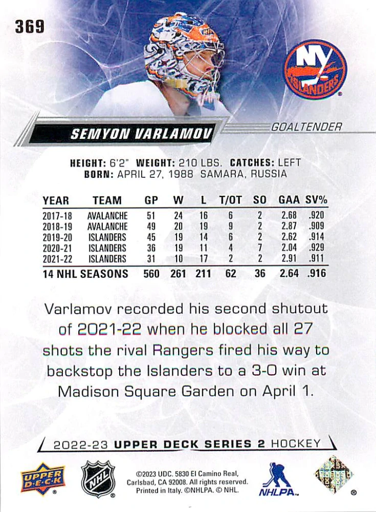 2022-23 UD Series 2 - Semyon Varlamov #369
