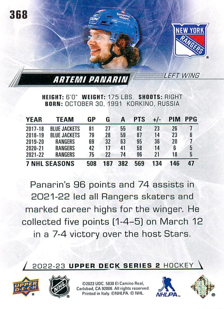 2022-23 UD Series 2 - Artemi Panarin #368