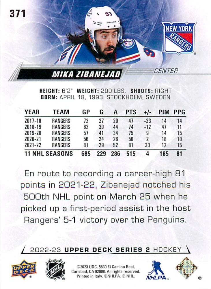 2022-23 UD Series 2 - Mika Zibanejad #371