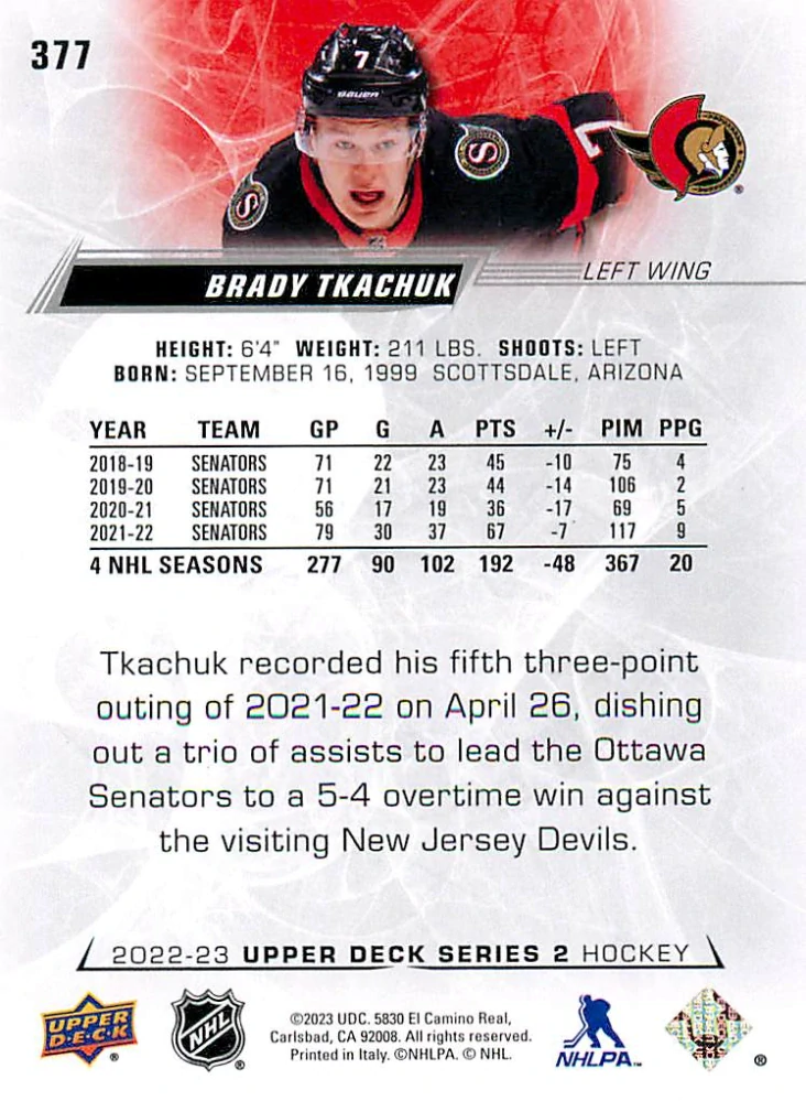 2022-23 UD Series 2 - Brady Tkachuk #377