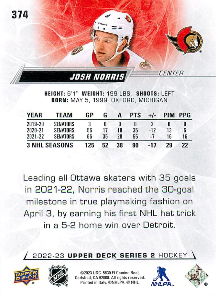 2022-23 UD Series 2 - Josh Norris #374