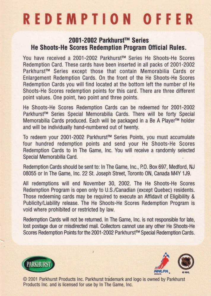 2001-02 ITG Parkhurst - Patrick Roy - He Shoots-He Scores (Redemption)