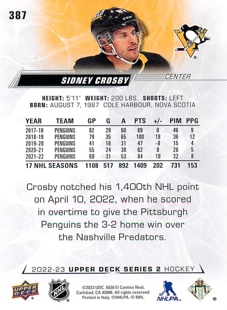 2022-23 UD Series 2 - Sidney Crosby #387