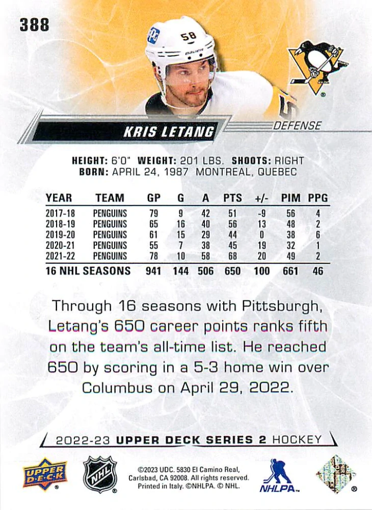 2022-23 UD Series 2 - Kris Letang #388