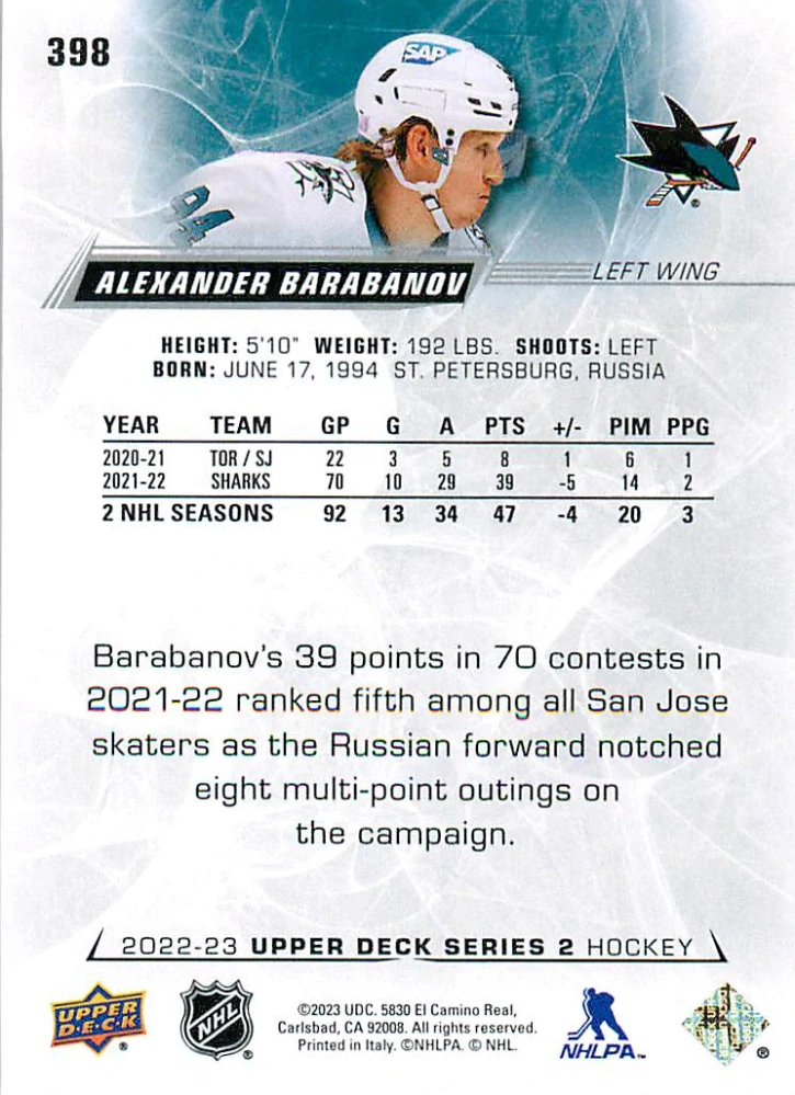 2022-23 UD Series 2 - Alexander Barabanov #398