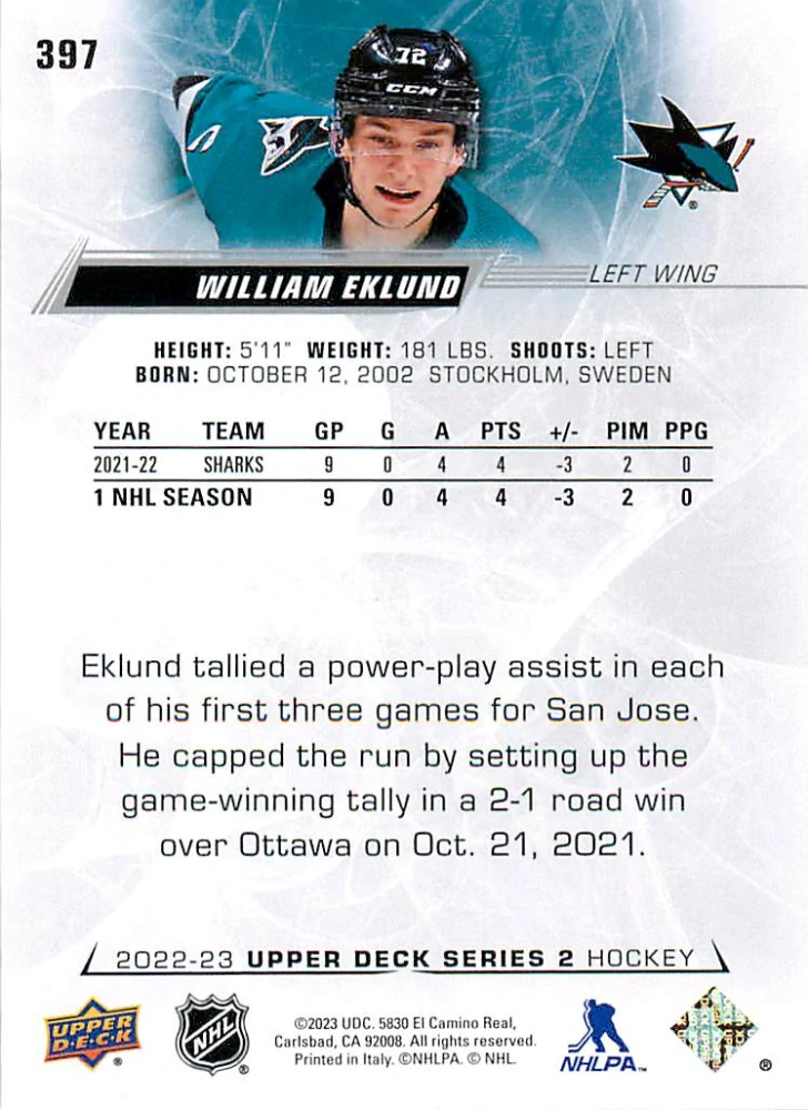 2022-23 UD Series 2 - William Eklund #397