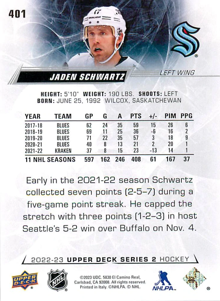 2022-23 UD Series 2 - Jaden Schwartz #401