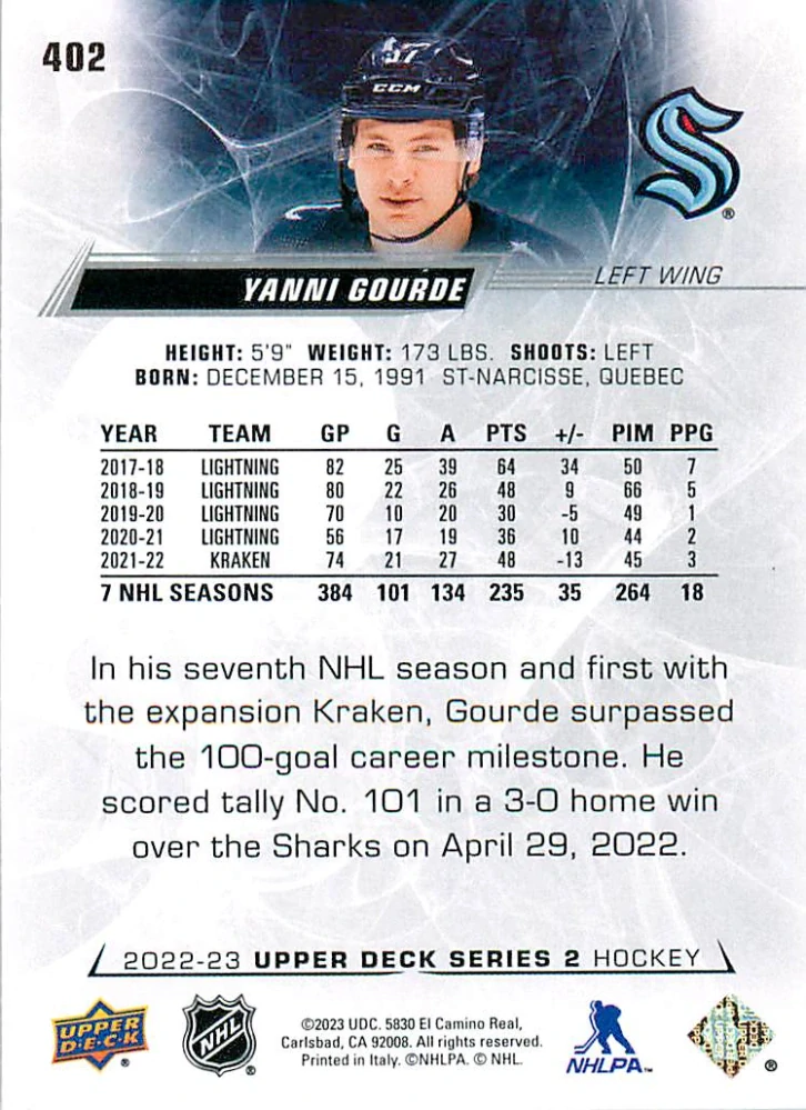 2022-23 UD Series 2 - Yanni Gourde #402