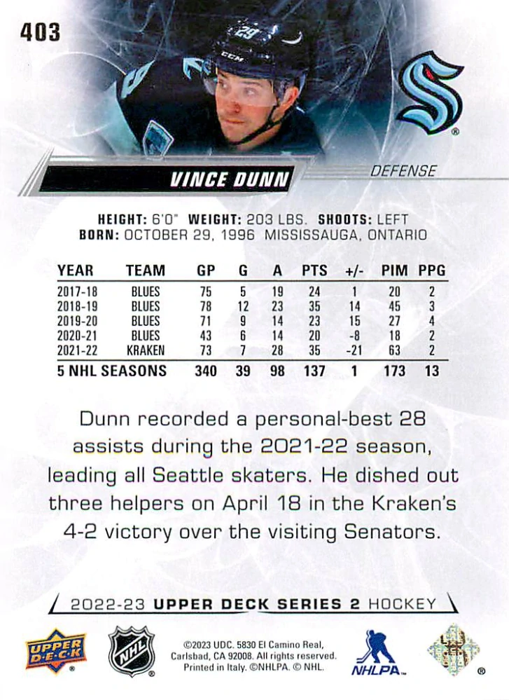 2022-23 UD Series 2 - Vince Dunn #403