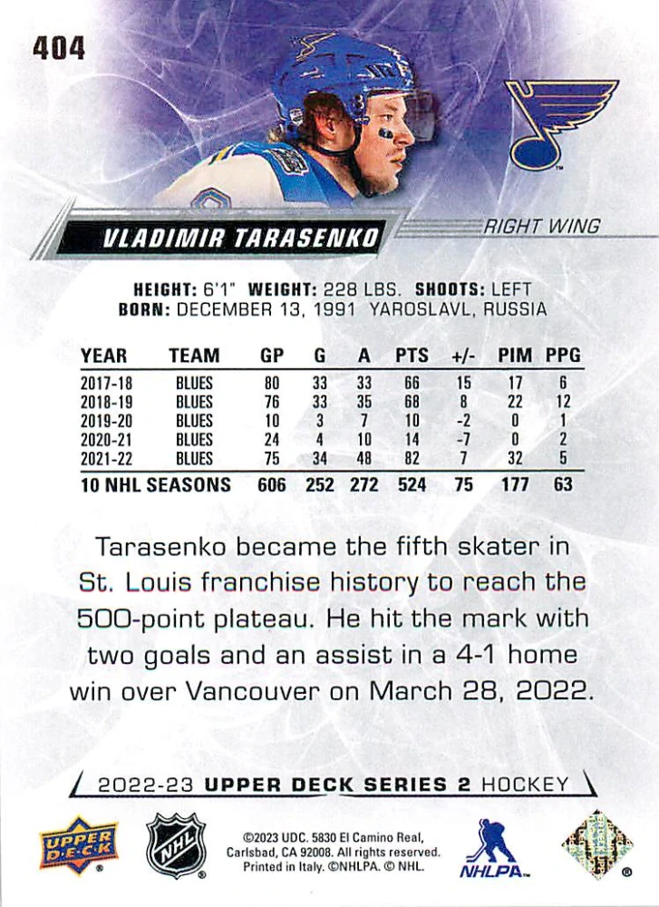 2022-23 UD Series 2 - Vladimir Tarasenko #404