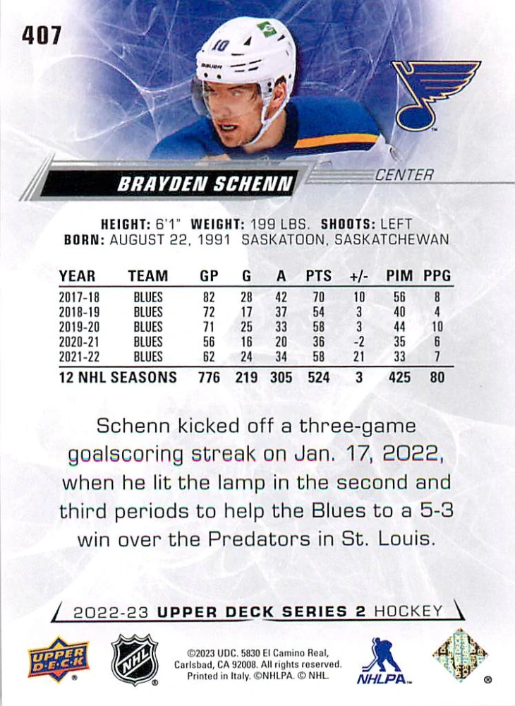 2022-23 UD Series 2 - Brayden Schenn #407
