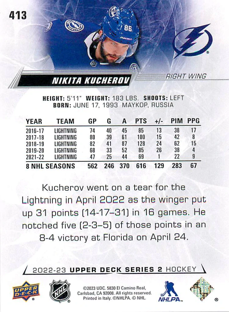 2022-23 UD Series 2 - Nikita Kucherov #413