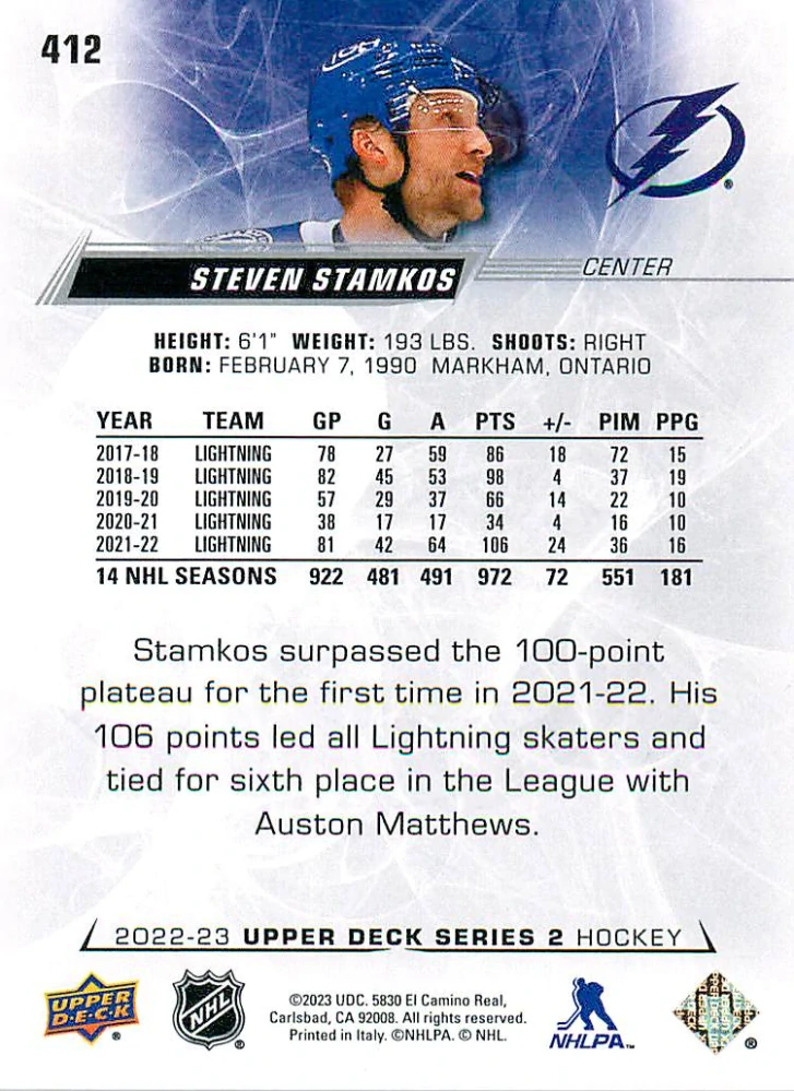 2022-23 UD Series 2 - Steven Stamkos #412
