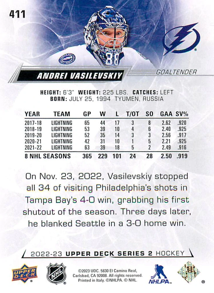 2022-23 UD Series 2 - Andrei Vasilevskiy #411