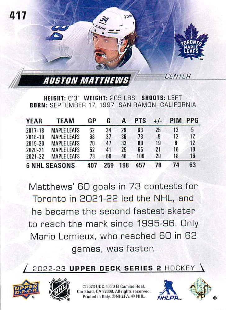 2022-23 UD Series 2 - Auston Matthews #417