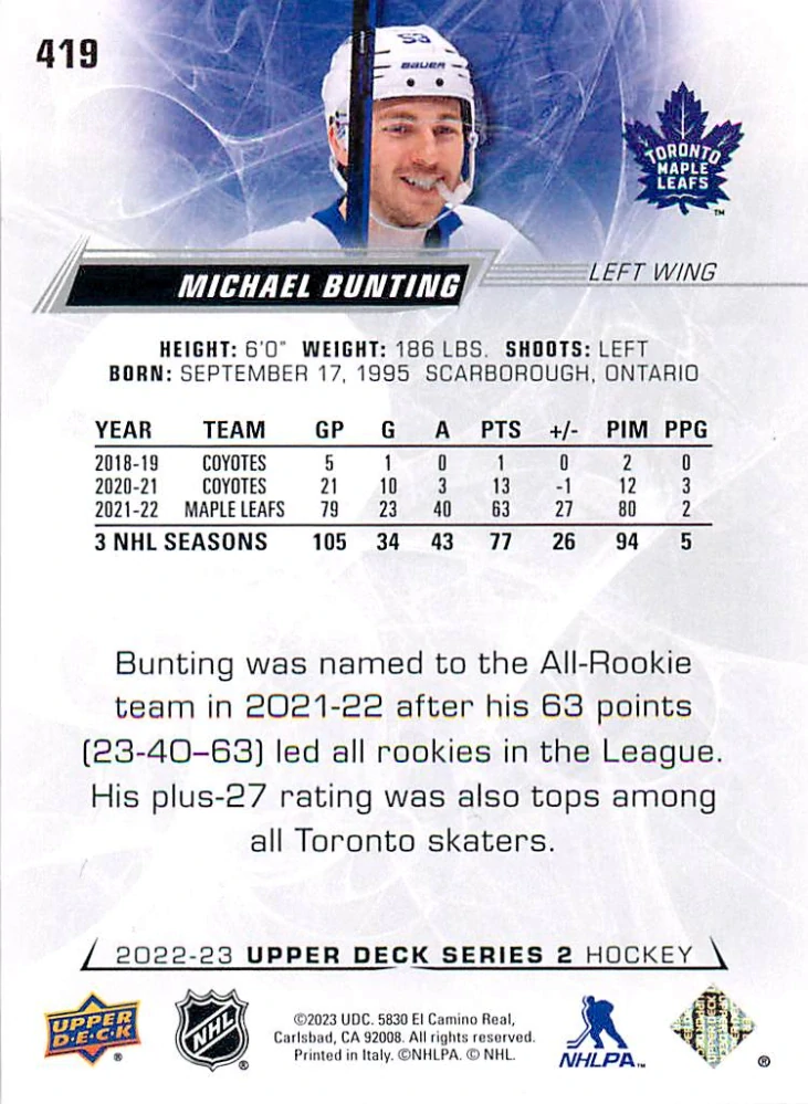 2022-23 UD Series 2 - Michael Bunting #419