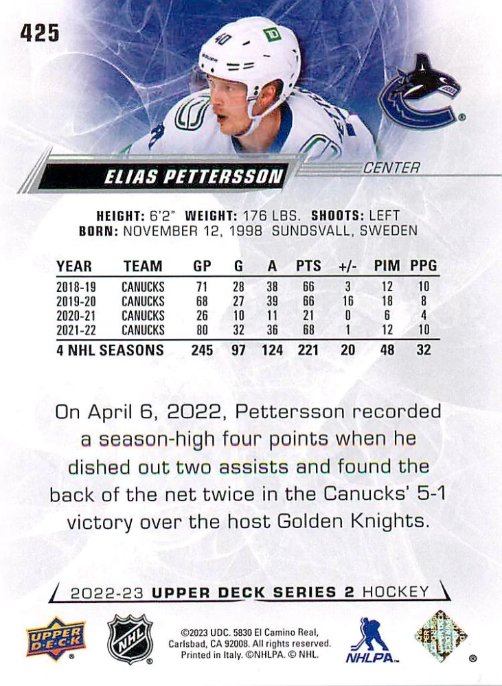 2022-23 UD Series 2 - Elias Pettersson #425