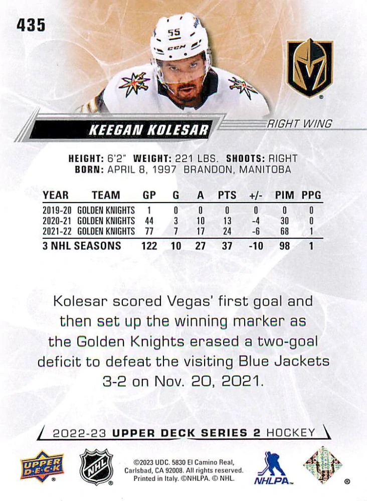 2022-23 UD Series 2 - Keegan Kolesar #435
