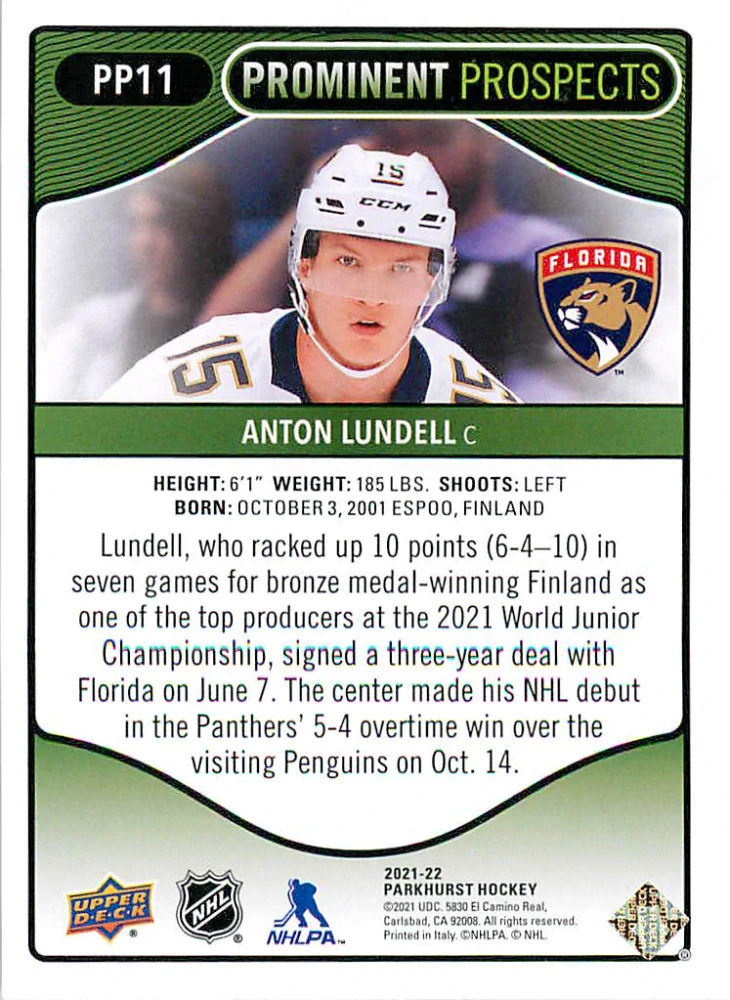 2021-22 UD Parkhurst - Anton Lundell - Prominent Prospects #PP11