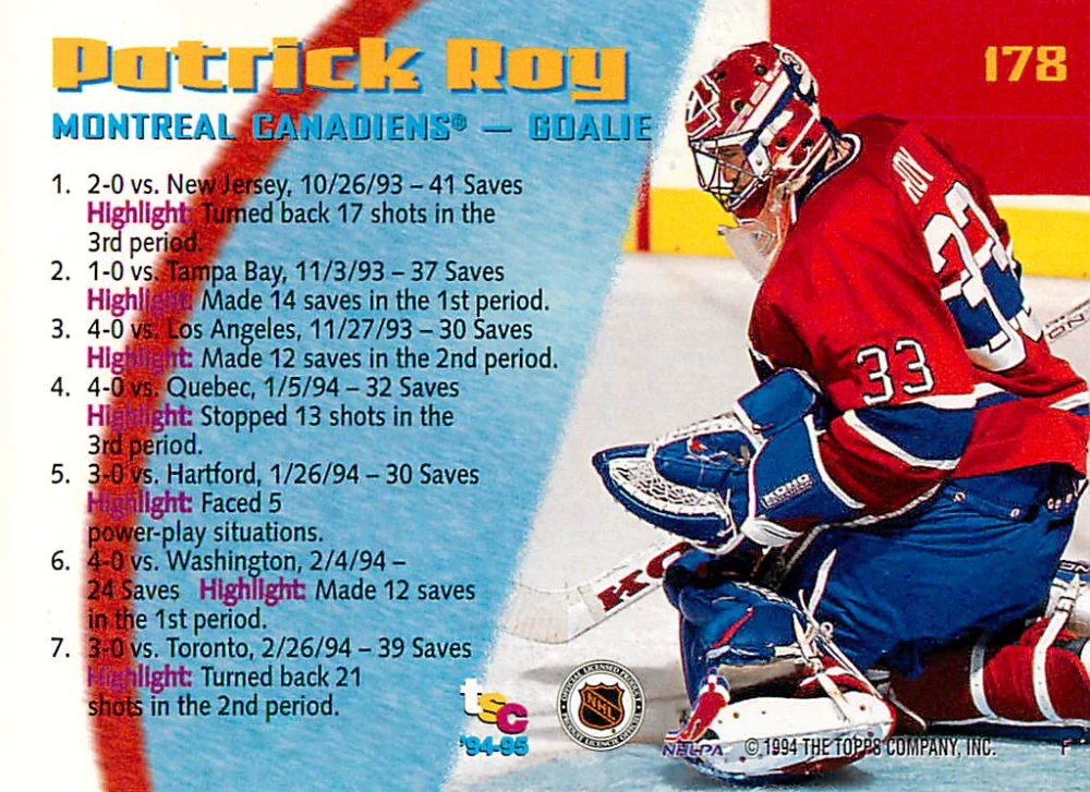 1994-95 Topps Stadium Club - Patrick Roy #178