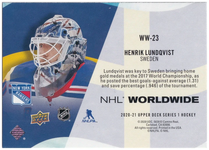 2020-21 UD Series 1 - Henrik Lundqvist - NHL Worldwide #WW-23