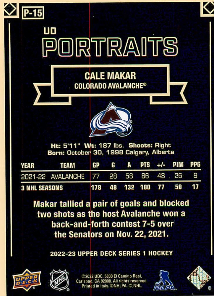 2022-23 UD Series 1 - Cale Makar - UD Portraits #P-15