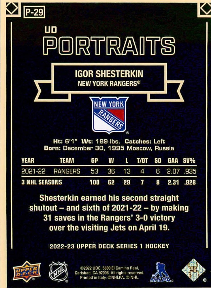 2022-23 UD Series 1 - Igor Shesterkin - UD Portraits #P-29