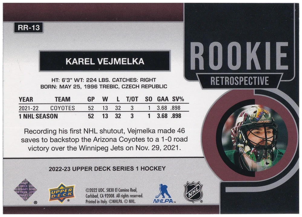 2022-23 UD Series 1 - Karel Vejmelka - Rookie Retrospective #RR-13