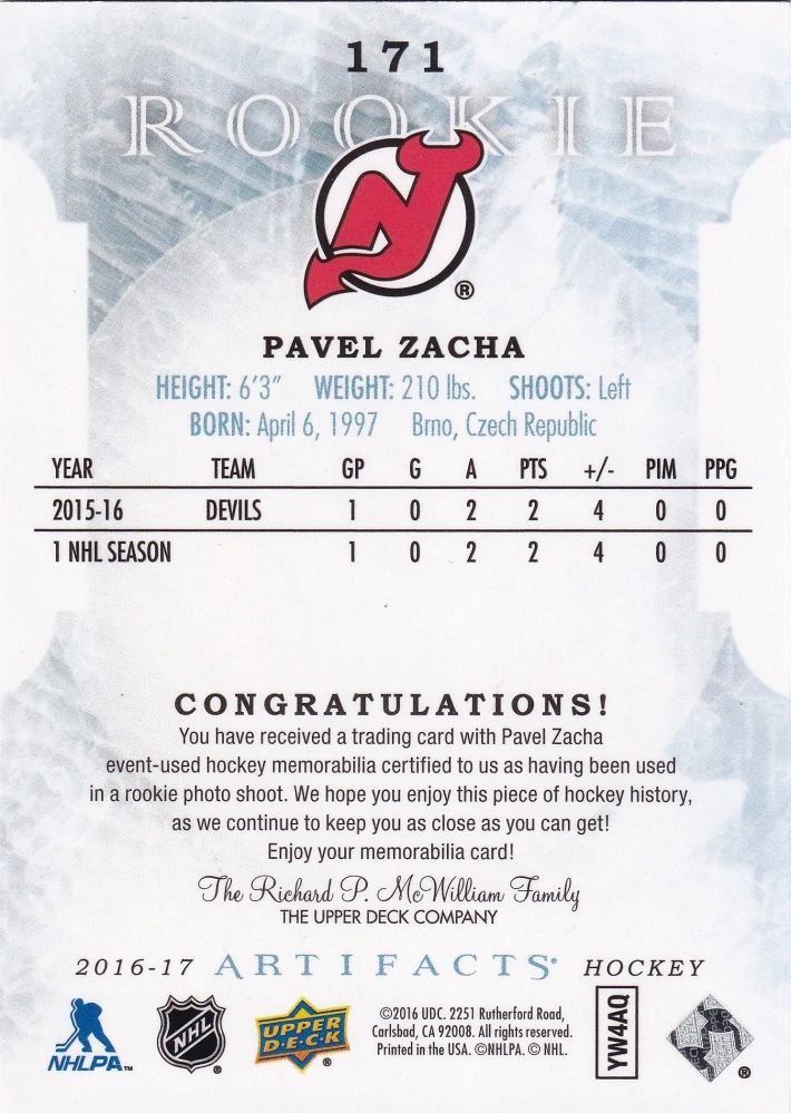 2016-17 UD Artifacts - Pavel Zacha - Rookie Dual Materials /399 #171